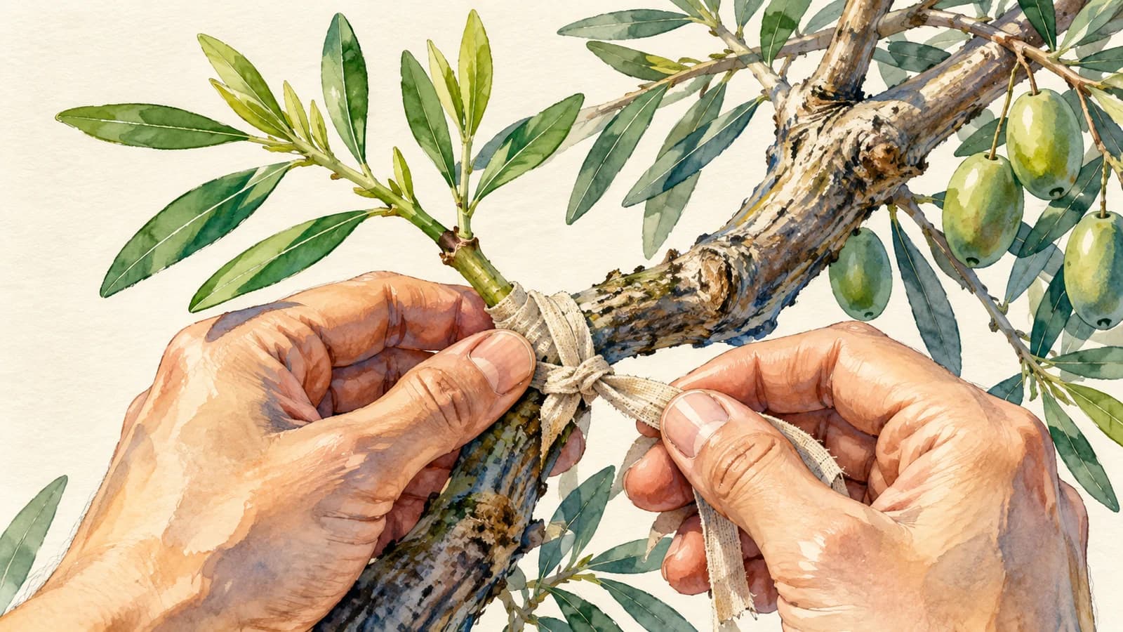 Watercolour illustration of hands tying a fresh graft to an established olive branch