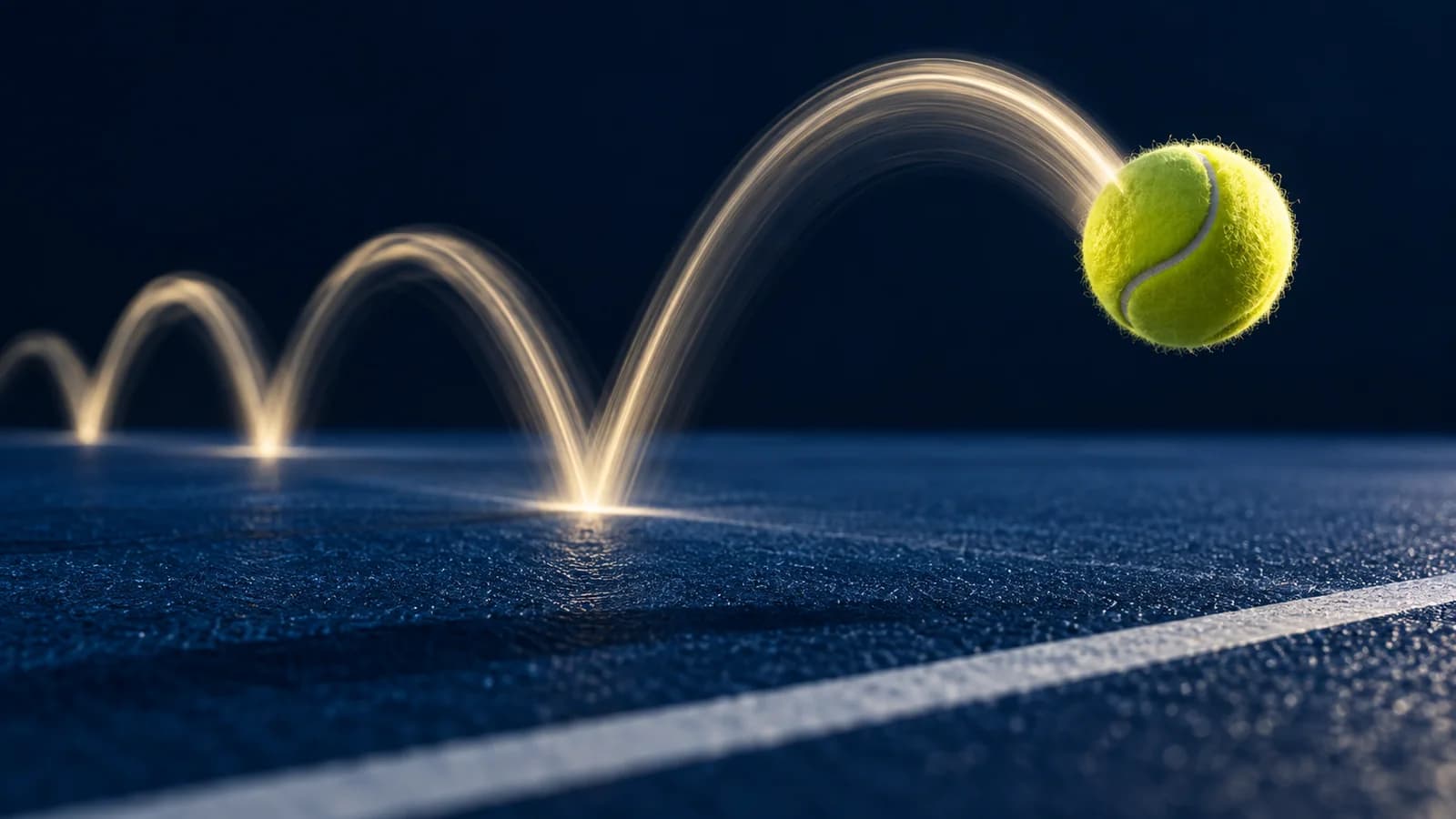 Yellow tennis ball above a blue court with a luminous long-exposure bounce trail