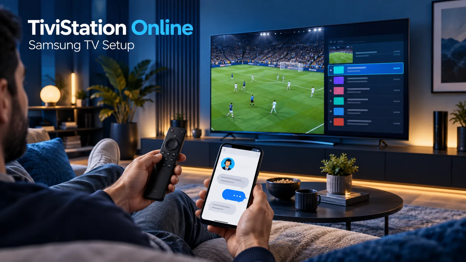 TiviStation Online Samsung TV setup illustration with a football screen, remote and support chat